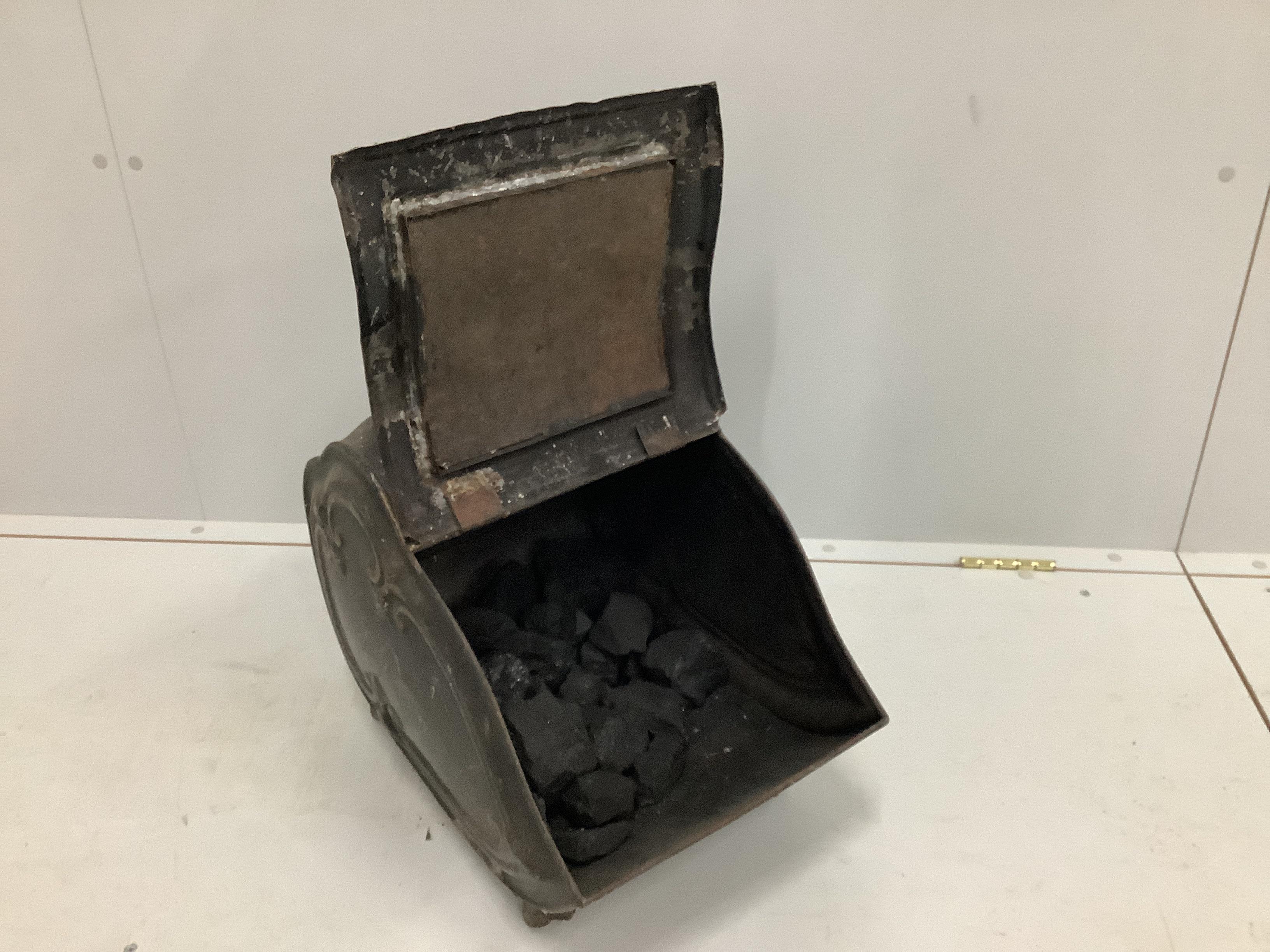 A Victorian toleware coal scuttle and scoop, width 32cm, height 42cm